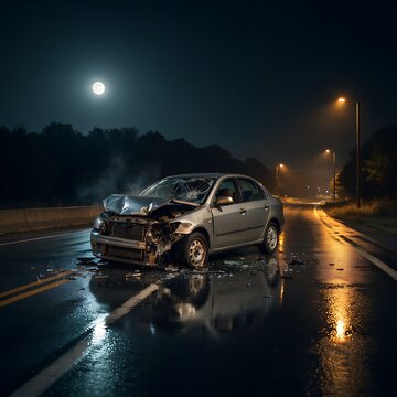Severely damaged silver sedan sits on a wet road at night with a full moon