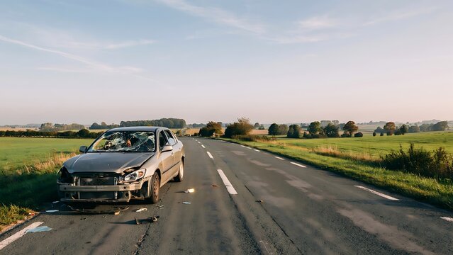 Damaged car abandoned on the side of a country road after an accident