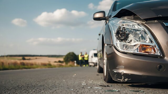 Closeup view of a damaged cars front end on a roadside with emergency personnel in background