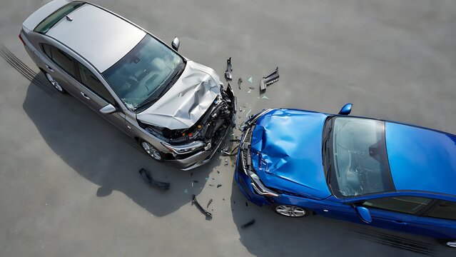 Two severely damaged vehicles involved in a headon collision on asphalt road