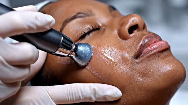 A professional aesthetician performs a rejuvenating ultrasonic facial therapy treatment on a relaxed young woman to improve her skin texture and radiance during a refreshing dermatology wellness
