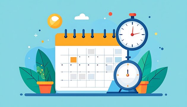 Colorful flat design illustration of a clock and calendar.