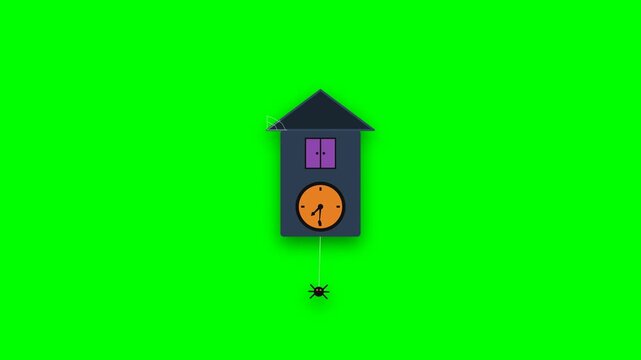Cuckoo Clock Vector Graphic Animation Featuring A Hanging Spider On A Vivid Green Background
