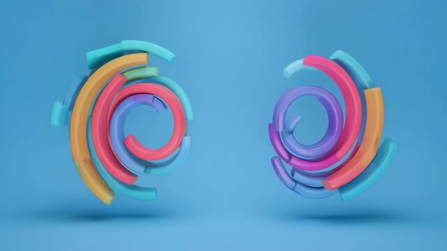 Abstract colorful shapes morphing and swirling in fluid motion against a clean blue background