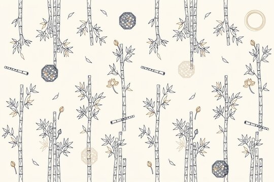 Hand drawn seamless pattern with bamboo stalks, leaves, lotus flowers, and circular geometric patterns on a light cream colored background surface