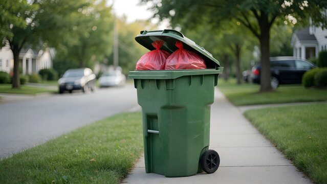 Green dumpster with red plastic bag overflowing on suburban sidewalk