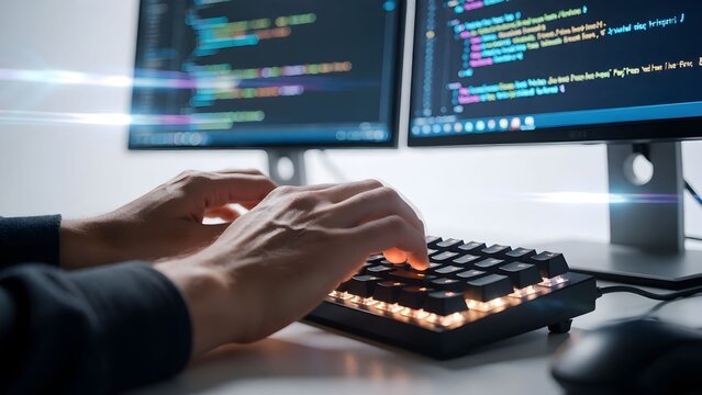 Focused programmer typing on keyboard with dual monitors displaying code in modern office