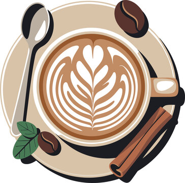 Top View Coffee Cup Flat Vector Illustration Featuring Rosetta Latte Art, Saucer, Teaspoon, Cinnamon Sticks, Roasted Beans, and Mint Leaves for Cafe Branding