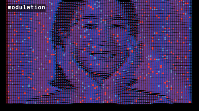 Glitch art portrait with modulation text, retro pixelated man face in purple and blue, vintage digital signal interference and VHS noise effect