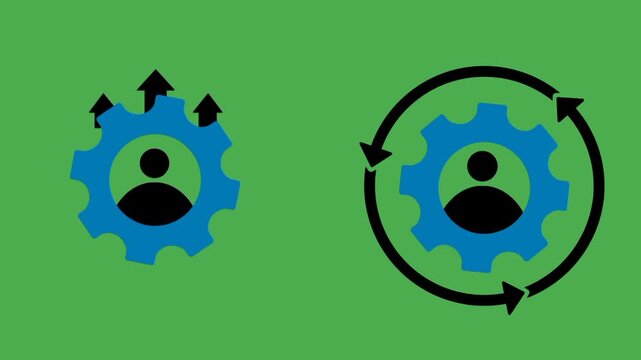 Upskilling and reskilling icon animation featuring person, gear, upward arrow, and circular arrow symbols. Suitable for workforce development, career growth, and continuous learning concepts.