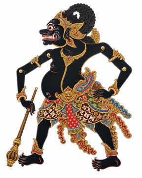 Vibrant Javanese Wayang Kulit Shadow Puppet Depicting a Powerful Rakshasa Character in Elaborate Costume Richly Ornamented Holding a Traditional Weapon Cultural Heritage Art Form.
