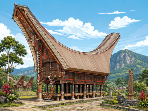 Majestic Tongkonan architecture a traditional ancestral house from Toraja land in Tana Toraja Indonesia nestled amidst lush greenery with mountainous vistas under a bright cloudy sky symbolizing cultu