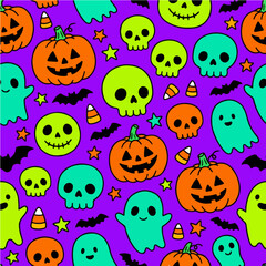 Naklejka premium Cute Kawaii Kidcore Doodle Pop Halloween Seamless Pattern