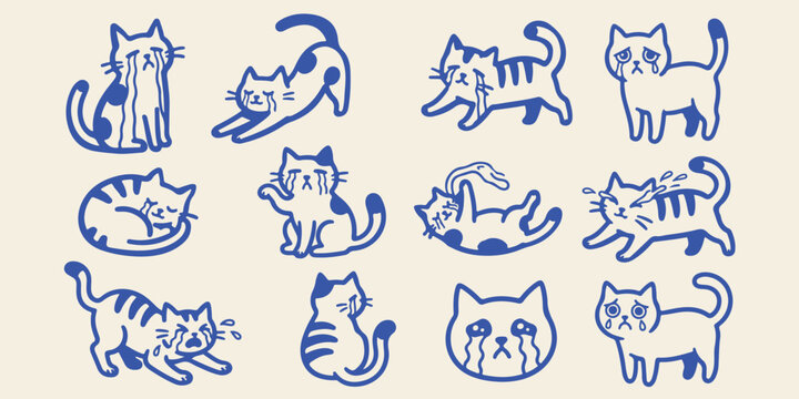 Set of emotional crying and sad cats vector icons with sad cat illustration distress expression domestic collection emotional mourning solitude character depressed troubled