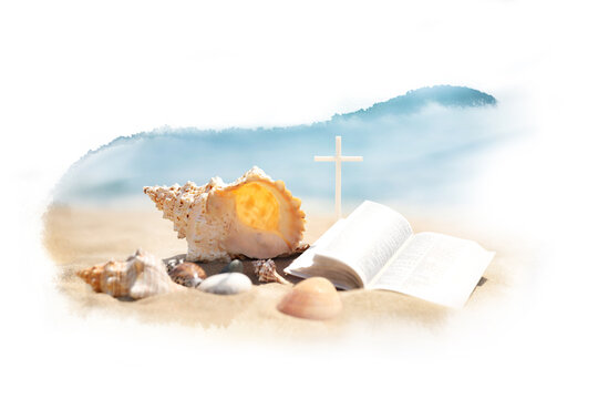 Summer camp background with the Cross of Jesus Christ and a Bible on a seaside beach, church summer Bible school, summer retreat, and concept
