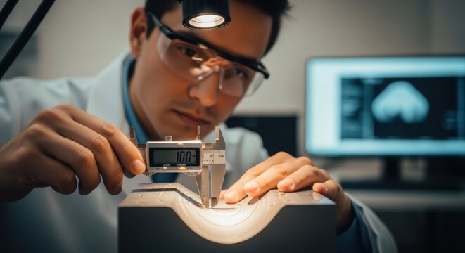 Optical engineer inspecting the surface curvature on a freeform surfacing block focusing on precision measurements with digital calipers.