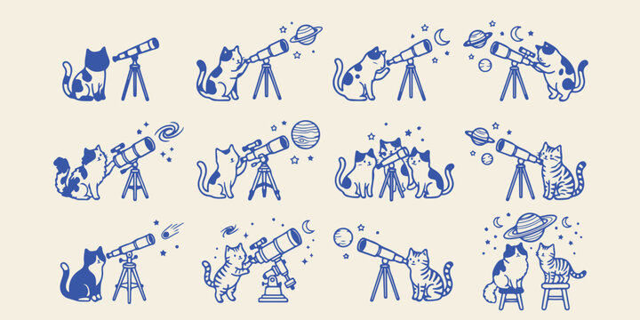 Astronomy cats collection exploring outer space with telescopes telescope astronomy telescopes exploration astronomer education discovery astrophysics stargazing whimsical illustration