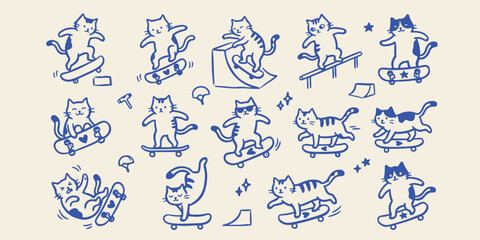 Set of cute cats skateboarding and performing tricks with skateboard illustration character creative whimsical lifestyle exercise movement recreation activity © Motiur