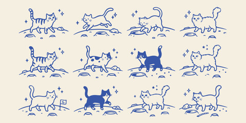 Set of cute doodle cats walking on the moon with stars astronomy exploration illustration adventure creative collection character minimalist whiskers © Motiur