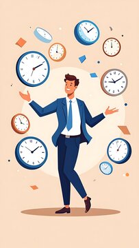 Businessman multitasking with multiple clocks concept.