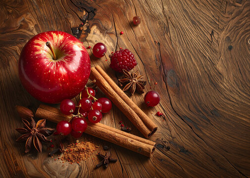 Frutos rojos, manzana, canela y especias arom&aacute;ticas sobre superficie de madera envejecida, concepto de aromas del vino tinto, cata de vinos, enolog&iacute;a, barrica de roble, vino de calidad y degustacion