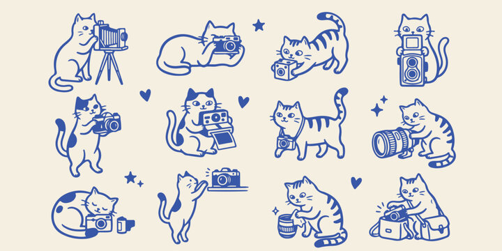 Collection of doodle cats acting as photographers with vintage cameras photographer photography illustration creative collection character minimalist professional journalism whiskers
