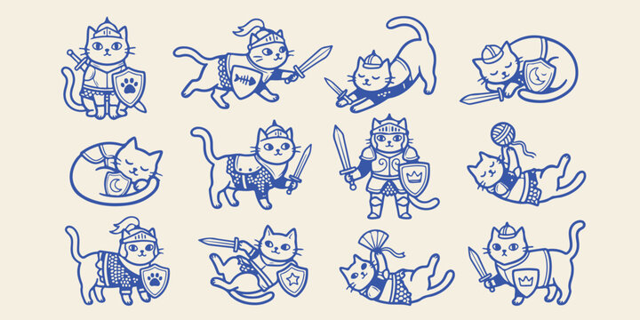 Cute knight cat warrior set with shields and swords sword fight feline art illustration medieval whimsical character adorable creative elements domestic minimalist collection adventure