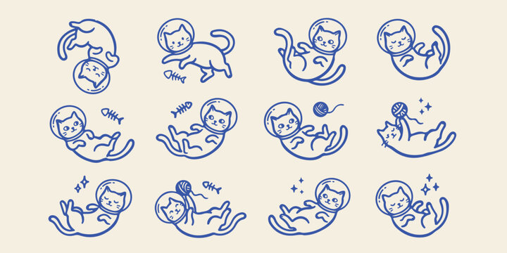 Set of cute astronaut cats floating in space with outer space zero gravity fish bone science fiction cat lover pet hand drawn astronaut floating illustration character collection