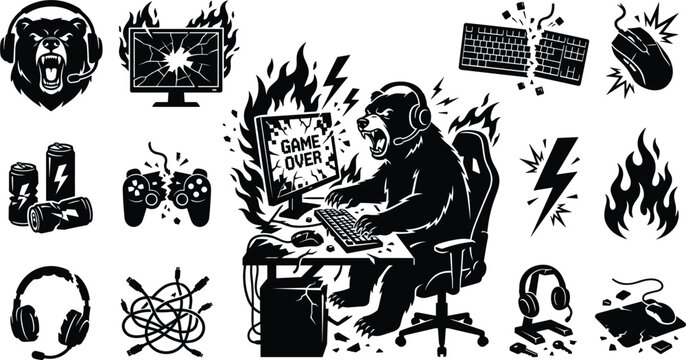 Angry gamer bear rage element set with broken controllers smashed keyboard cracked monitor screen lightning fire and game over screens