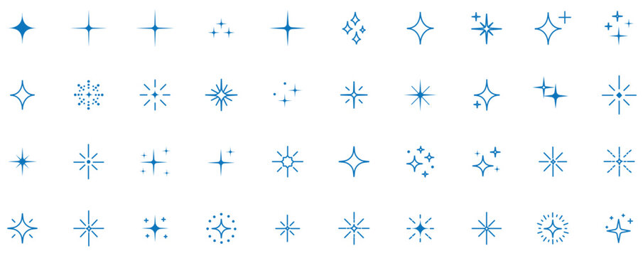 Generative ai sparkle icon set for adobe illustrator, vector collection of clean star symbols, shiny glitter effects in black and gradient for new magic features