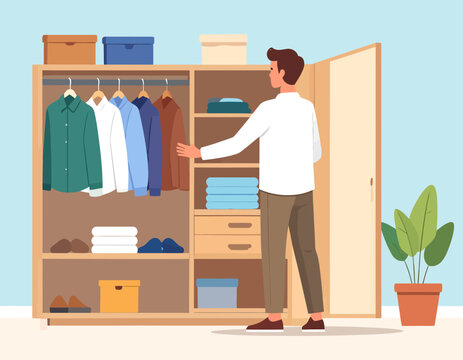 Person arranging clothes inside wardrobe flat vector illustration