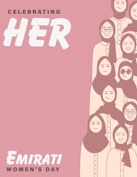 Emirati Women's Day Greeting Card Featuring Diverse Emirati Women in Flat Vector Style