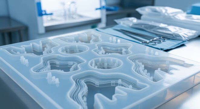 Closeup of complex silicone mold cavities designed specifically for soft robotic gripper fabrication in sterile environment.