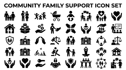 Naklejka premium Community family support icon set. Social welfare and charity vector glyph symbols.