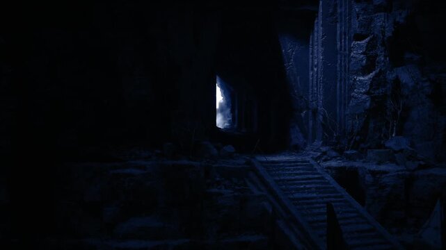 Grotto gateway illuminated by faint glow, winding staircase hugs rock face and disappears into shadow, quiet atmosphere suggests clandestine route or secret