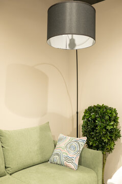 Modern living room with green sofa and floor lamp