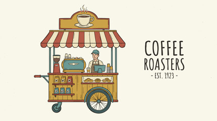 Fototapeta premium Vintage Coffee Cart with Barista Serving Drinks and Pastries, Espresso Machine and Coffee Bags Displayed, Flat Illustration Style with Retro Design Elements and Copy Space