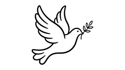 Obraz premium White Line Drawing Dove Holding Olive Branch Flying Gracefully