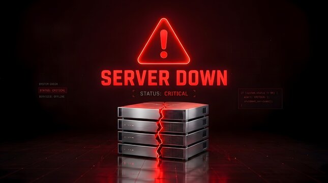 Critical infrastructure failure concept with broken server rack and offline network status warning in dark data center