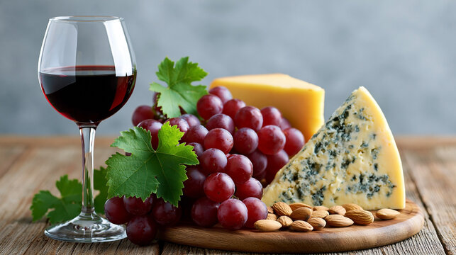 Red wine with grapes, cheese and almonds arranged on wooden board, representing gourmet food, wine tasting, pairing, appetizer and elegant dining