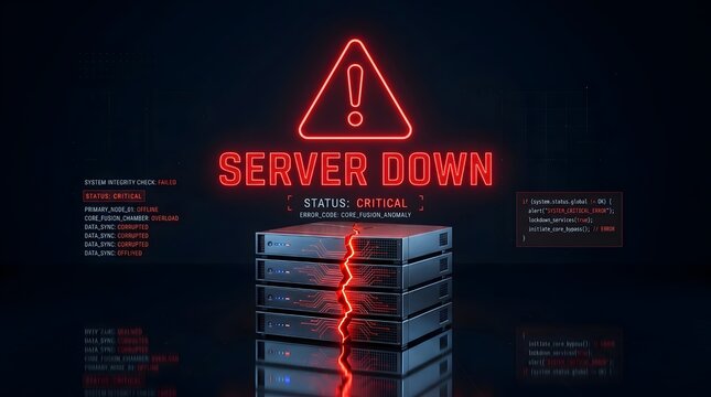 Server down critical error showing broken data center hardware rack with corrupted system logs and red alert