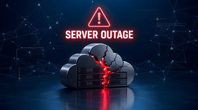 Cloud server outage and downtime concept showing broken digital infrastructure with critical warning alert