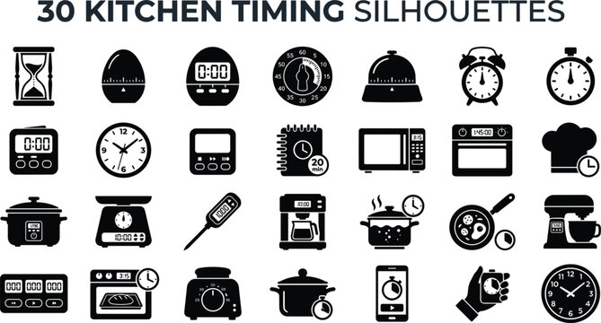 Kitchen cooking timing and home appliance black silhouette icons set with countdown timers clocks scales thermometers microwaves and baking tools vector illustration