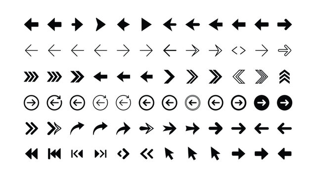 Collection of various arrow icons with different styles and directions on transparent background