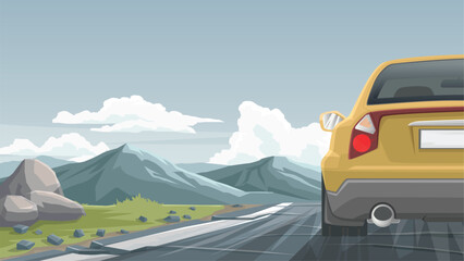 Fototapeta premium Traveling of yellow sedan car driving along an asphalt highway. Through a scenic mountain landscape under sky was hazy with mist and white clouds. Extremely cold weather and solo travel.