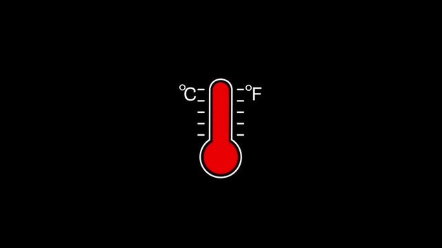 Animated thermometer showing rising temperature, celsius and fahrenheit scale, minimalist medical and weather on black background