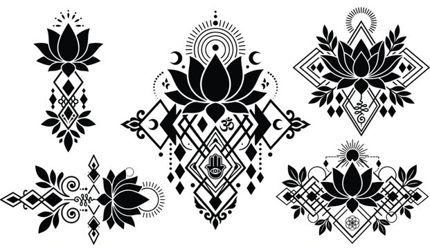 Mystical lotus flower emblem set featuring geometric diamond badges with hamsa hand om symbol celestial crescent moons and sacred geometry ornaments