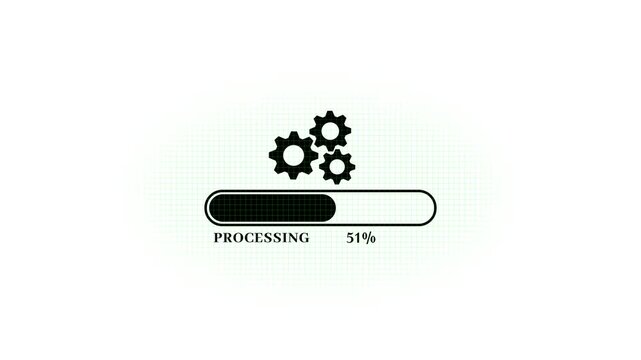 Digital processing loading bar with rotating gears animation for software interface and tech ui progress
