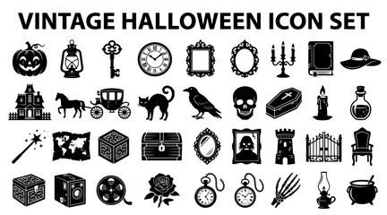 Fototapeta premium Vintage Halloween icon set. Retro spooky vector elements for holiday design projects.