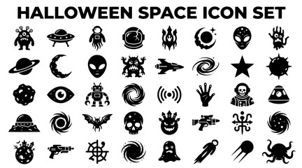 Naklejka premium Halloween space horror icon set. Sci-fi alien monster symbols and spooky galaxy graphics.